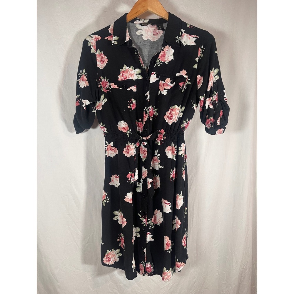 Millenium Black Pink Floral Rose Button Front Shirt Dress Elastic Waist Medium